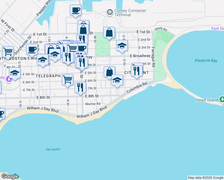 map of restaurants, bars, coffee shops, grocery stores, and more near 202 N Street in Boston