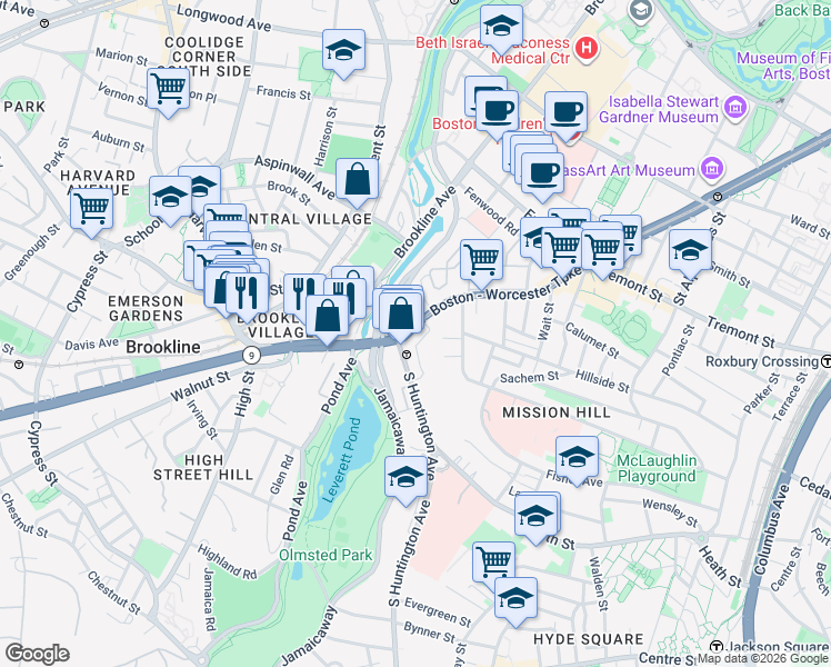 map of restaurants, bars, coffee shops, grocery stores, and more near 25-25A South Huntington Avenue in Boston