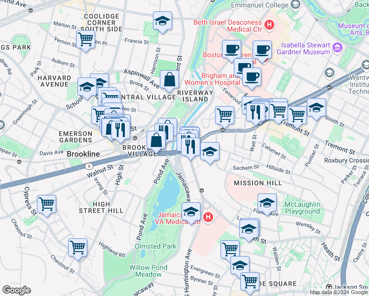 map of restaurants, bars, coffee shops, grocery stores, and more near 394 Riverway in Boston