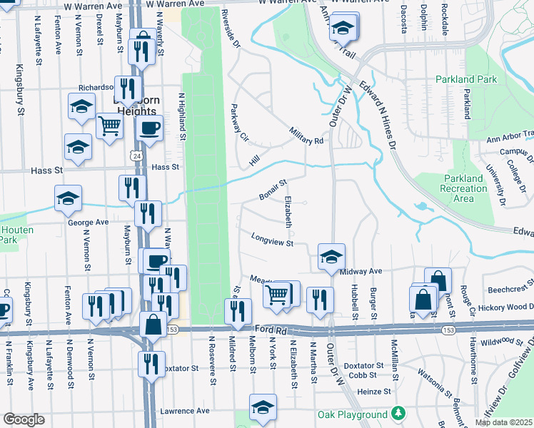 map of restaurants, bars, coffee shops, grocery stores, and more near 23333 Suncrest Street in Dearborn Heights