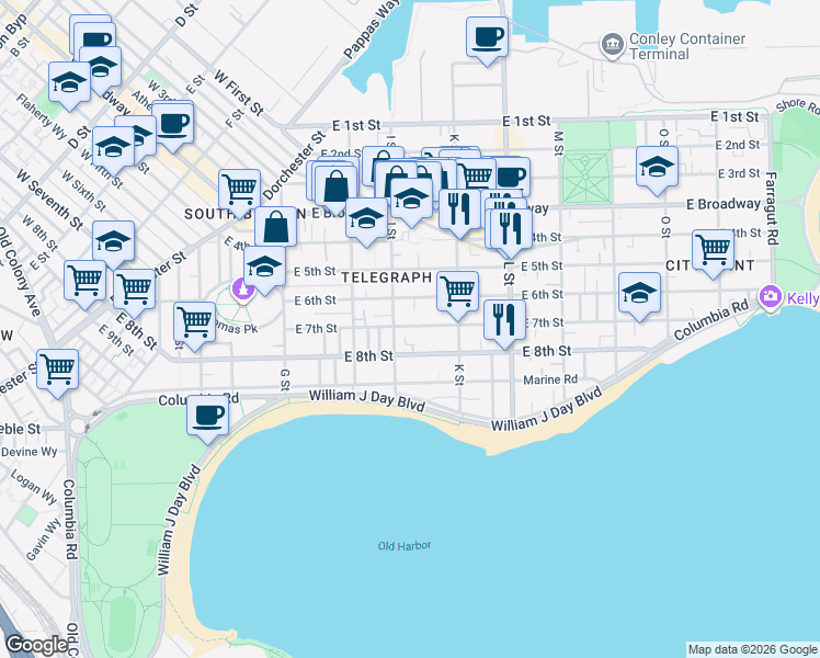 map of restaurants, bars, coffee shops, grocery stores, and more near 582-1/2 East 8th Street in Boston
