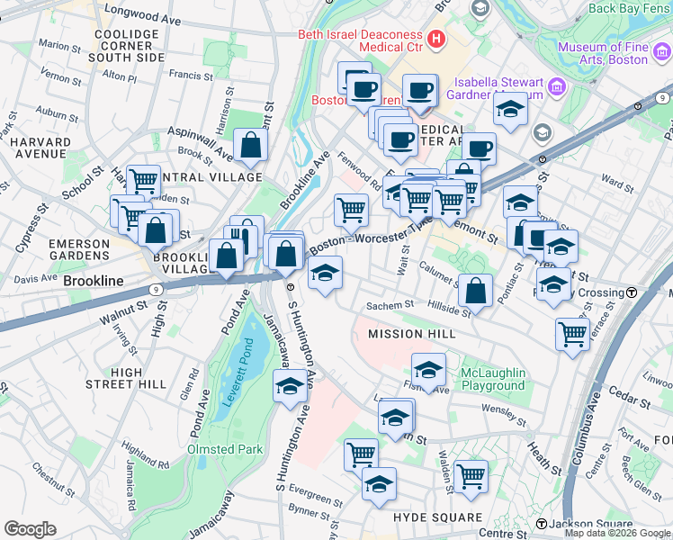 map of restaurants, bars, coffee shops, grocery stores, and more near Parker Hill Ave & Hillside St in Boston