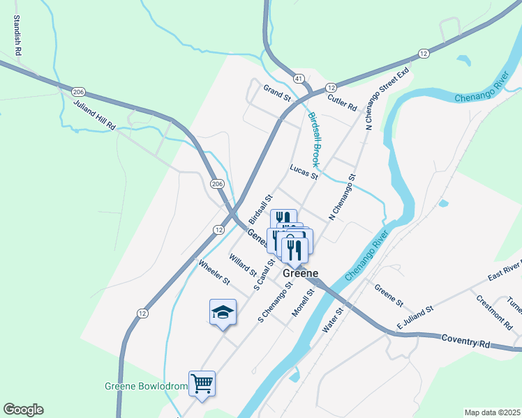 map of restaurants, bars, coffee shops, grocery stores, and more near Birdsall St & Jackson St in Greene