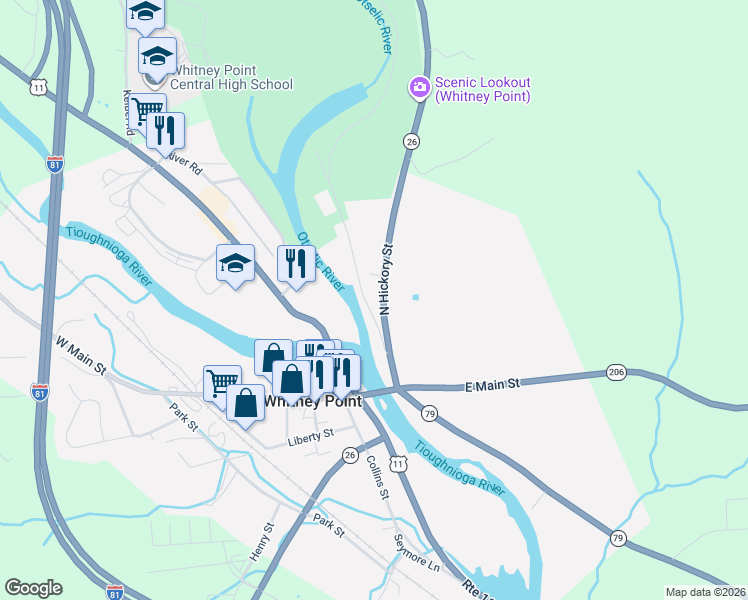 map of restaurants, bars, coffee shops, grocery stores, and more near 22 Prospect Street in Whitney Point