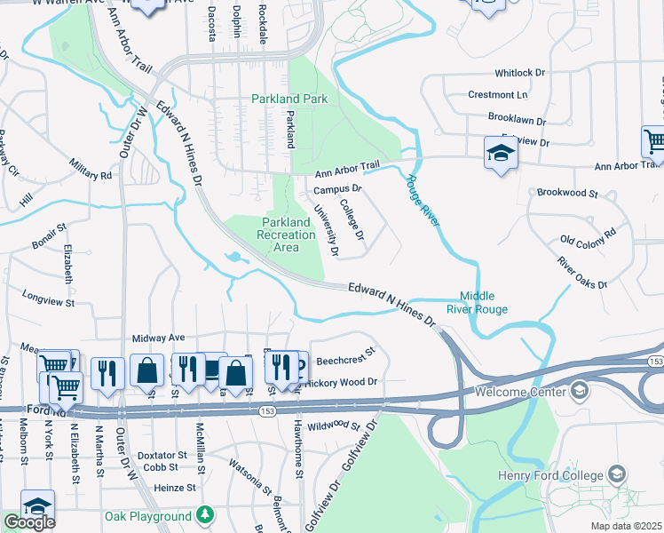 map of restaurants, bars, coffee shops, grocery stores, and more near 6175 University Drive in Dearborn Heights