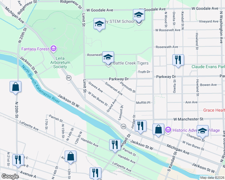 map of restaurants, bars, coffee shops, grocery stores, and more near 152 Graves Avenue in Battle Creek