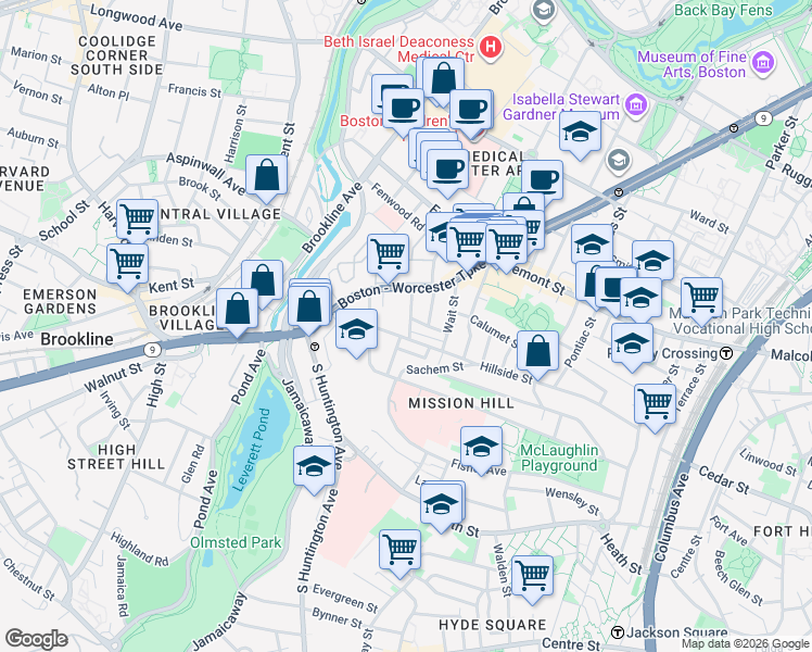 map of restaurants, bars, coffee shops, grocery stores, and more near 168 Hillside Street in Boston