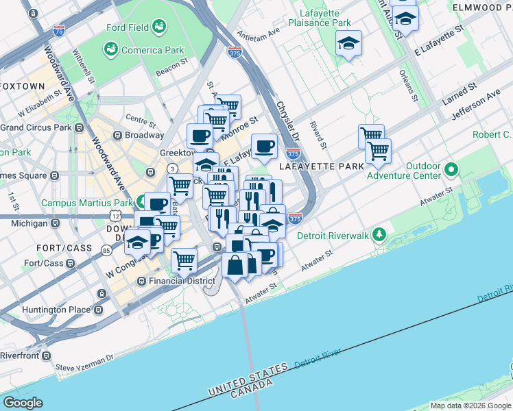 map of restaurants, bars, coffee shops, grocery stores, and more near 510 Larned Street in Detroit