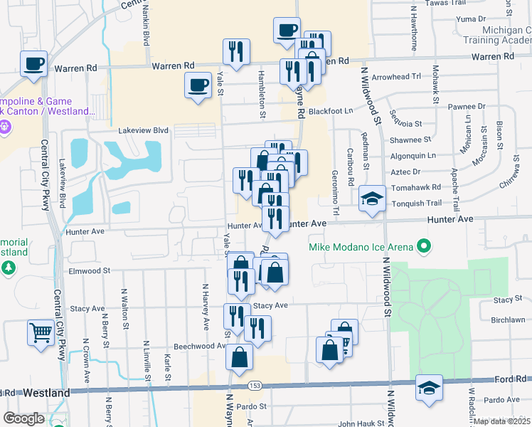 map of restaurants, bars, coffee shops, grocery stores, and more near 6501 North Wayne Road in Westland