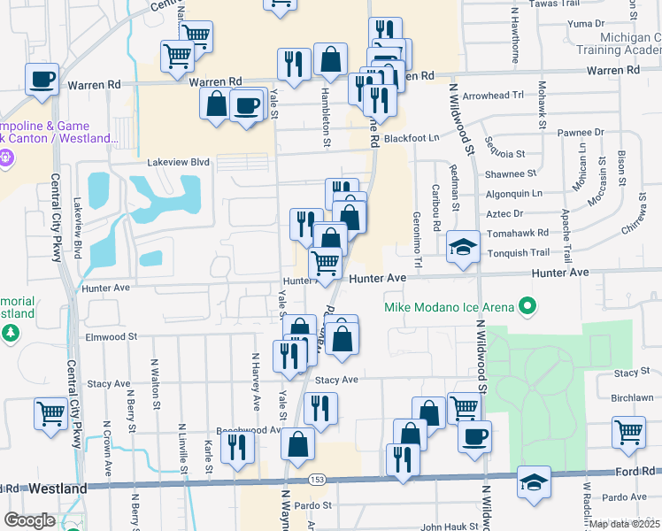 map of restaurants, bars, coffee shops, grocery stores, and more near 6501 North Wayne Road in Westland