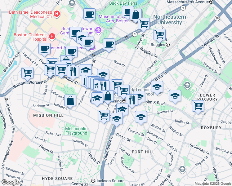 map of restaurants, bars, coffee shops, grocery stores, and more near 3 Morton Place in Boston