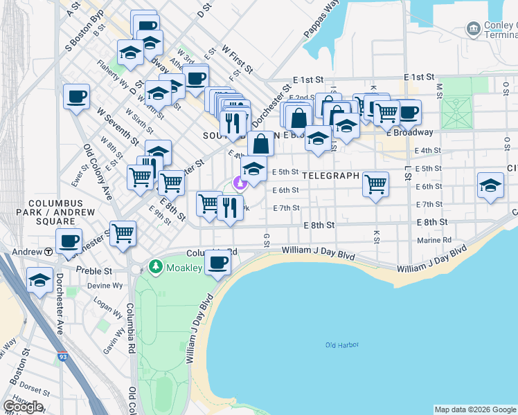 map of restaurants, bars, coffee shops, grocery stores, and more near 68 Thomas Park in Boston