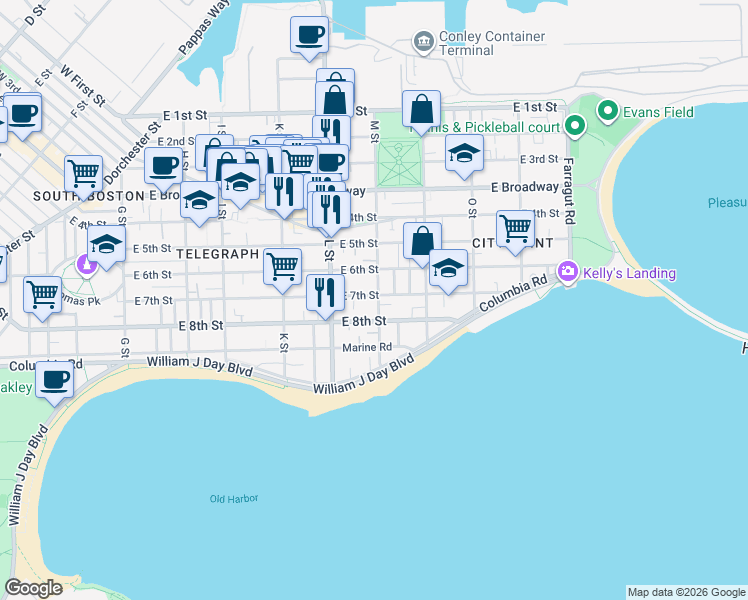 map of restaurants, bars, coffee shops, grocery stores, and more near 681 East 8th Street in Boston