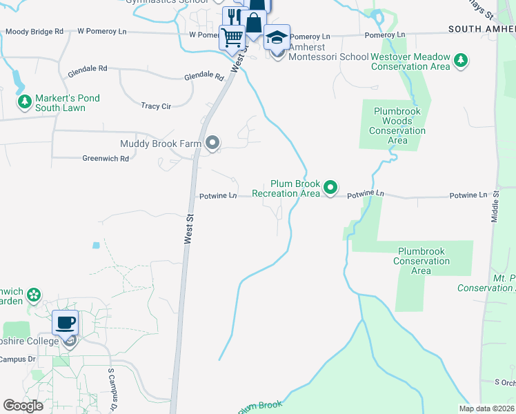 map of restaurants, bars, coffee shops, grocery stores, and more near 89 Potwine Lane in Amherst