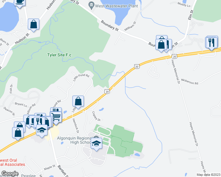 map of restaurants, bars, coffee shops, grocery stores, and more near 407 Main Street in Northborough