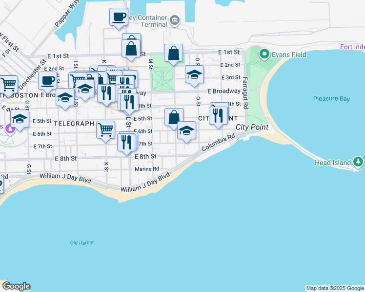 map of restaurants, bars, coffee shops, grocery stores, and more near 202 N Street in Boston