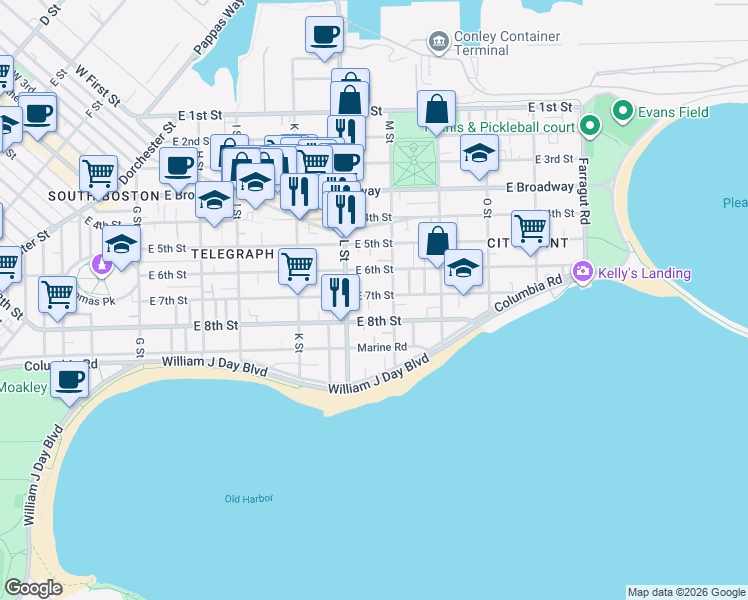 map of restaurants, bars, coffee shops, grocery stores, and more near 681 East 8th Street in Boston