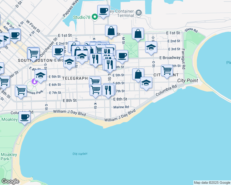 map of restaurants, bars, coffee shops, grocery stores, and more near 681 East 8th Street in Boston