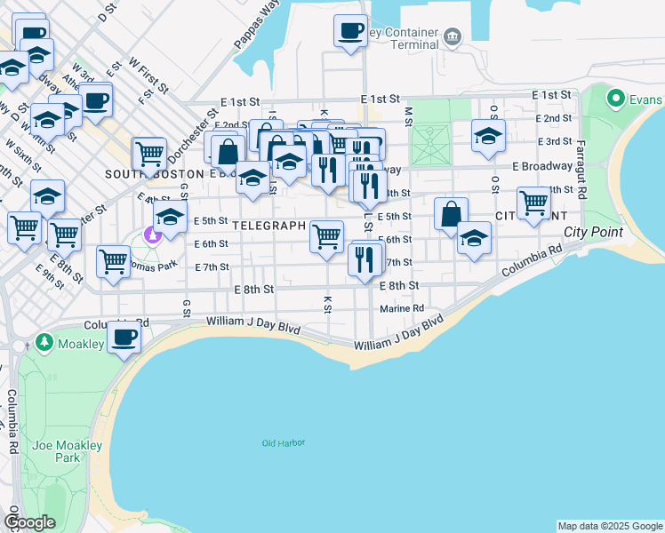 map of restaurants, bars, coffee shops, grocery stores, and more near 360 K Street in Boston
