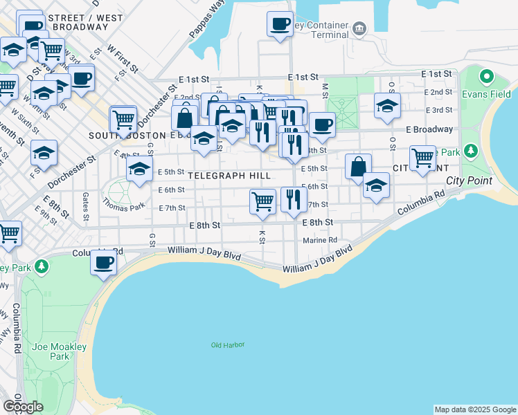 map of restaurants, bars, coffee shops, grocery stores, and more near 360 K Street in Boston