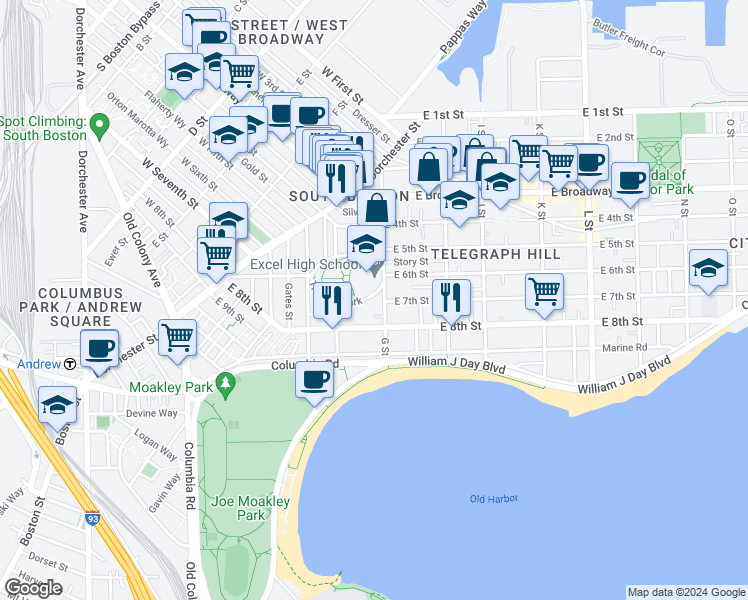 map of restaurants, bars, coffee shops, grocery stores, and more near 412 East 8th Street in Boston