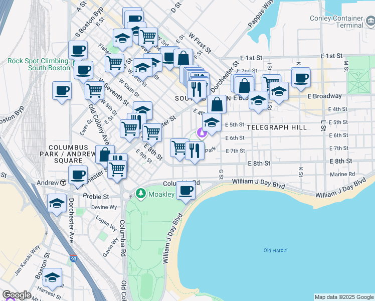 map of restaurants, bars, coffee shops, grocery stores, and more near 99 Old Harbor Street in Boston