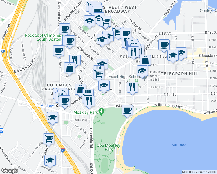 map of restaurants, bars, coffee shops, grocery stores, and more near 50 Rev Burke Street in Boston