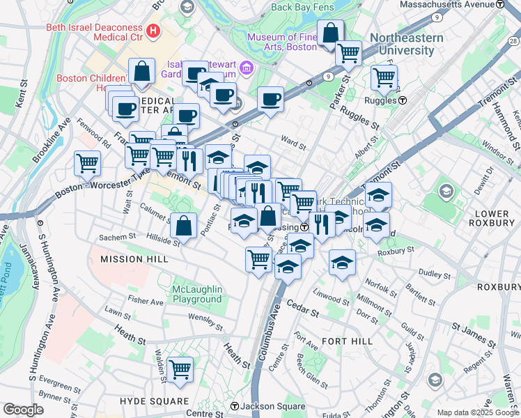 map of restaurants, bars, coffee shops, grocery stores, and more near in Boston