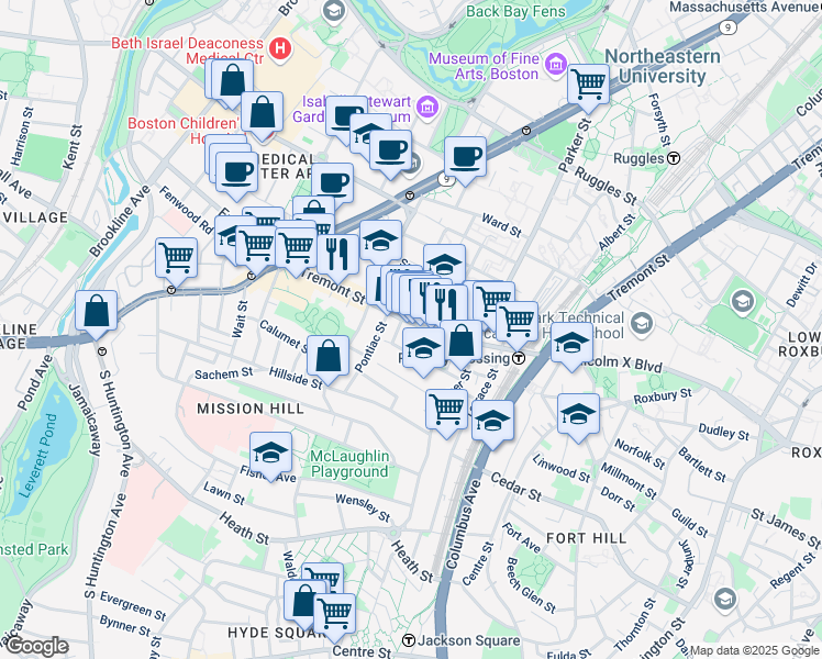map of restaurants, bars, coffee shops, grocery stores, and more near 19A Burney Street in Boston