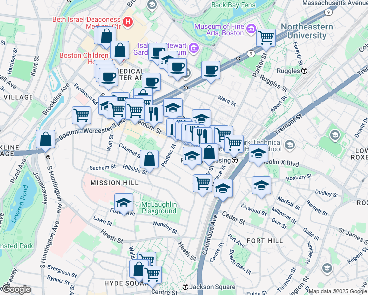 map of restaurants, bars, coffee shops, grocery stores, and more near 19A Burney Street in Boston