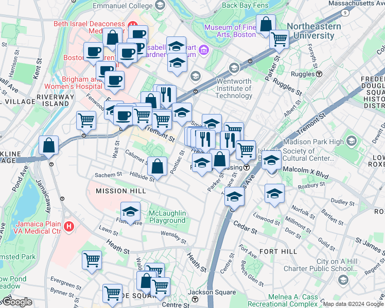 map of restaurants, bars, coffee shops, grocery stores, and more near 19A Burney Street in Boston