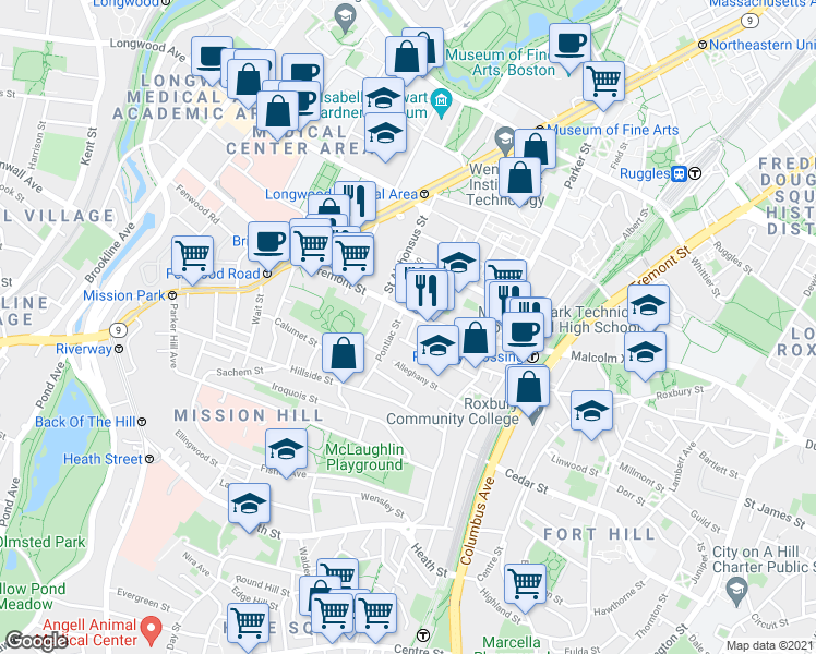 map of restaurants, bars, coffee shops, grocery stores, and more near 19A Burney Street in Boston