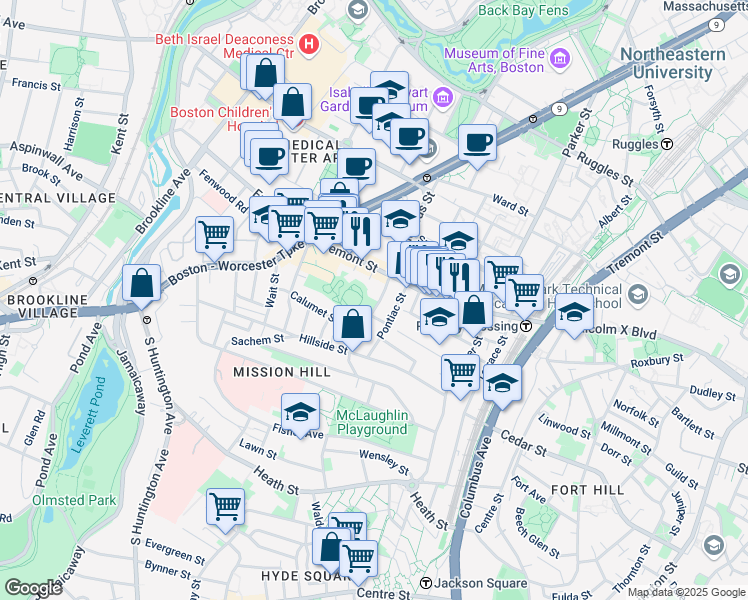 map of restaurants, bars, coffee shops, grocery stores, and more near 40 Pontiac Street in Boston