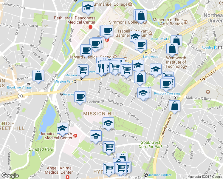 map of restaurants, bars, coffee shops, grocery stores, and more near 5 Oswald Street in Boston