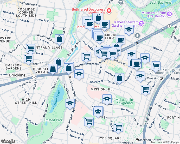 map of restaurants, bars, coffee shops, grocery stores, and more near 168 Hillside Street in Boston