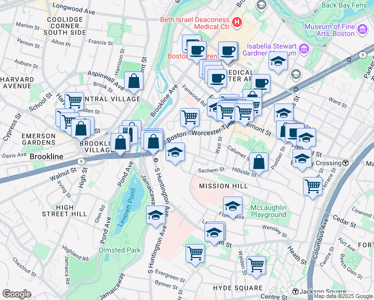 map of restaurants, bars, coffee shops, grocery stores, and more near 11 Sunset Street in Boston