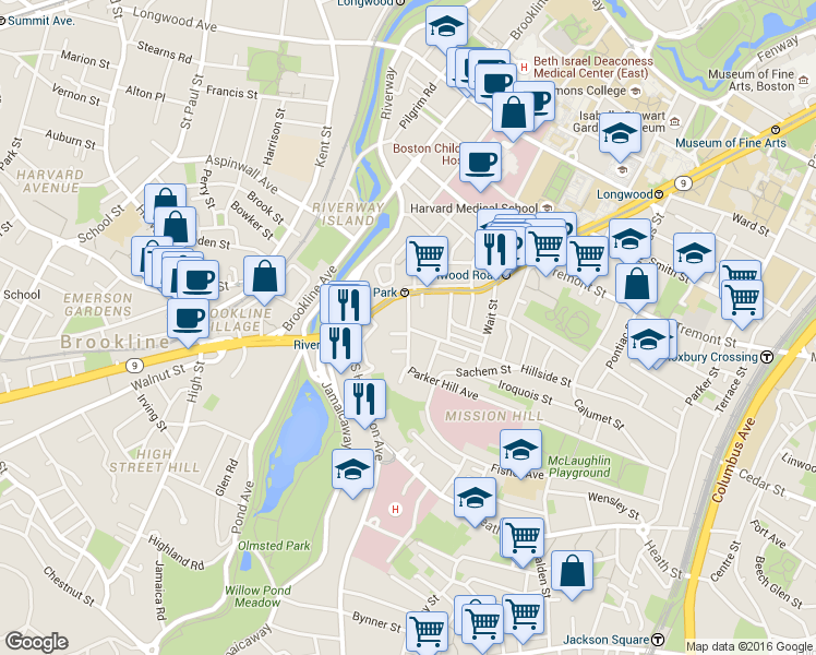 map of restaurants, bars, coffee shops, grocery stores, and more near 11 Sunset Street in Boston
