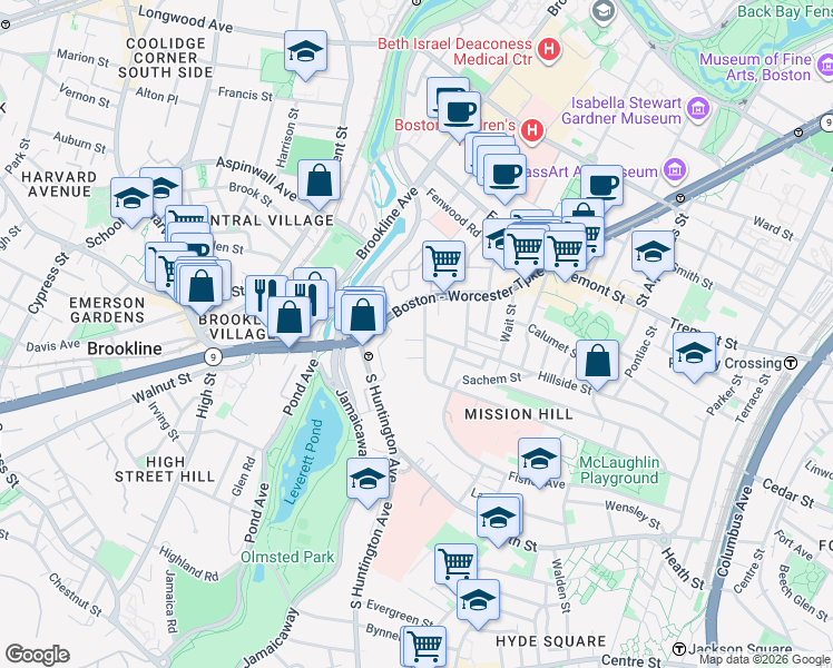 map of restaurants, bars, coffee shops, grocery stores, and more near 3 Parker Hill Terrace in Boston