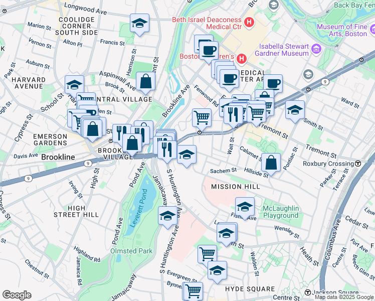 map of restaurants, bars, coffee shops, grocery stores, and more near 3 Parker Hill Terrace in Boston