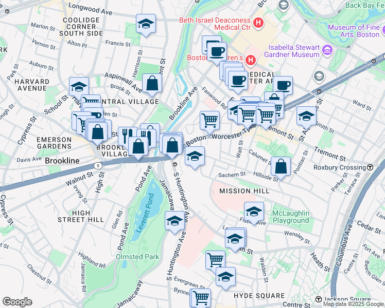 map of restaurants, bars, coffee shops, grocery stores, and more near 3 Parker Hill Terrace in Boston