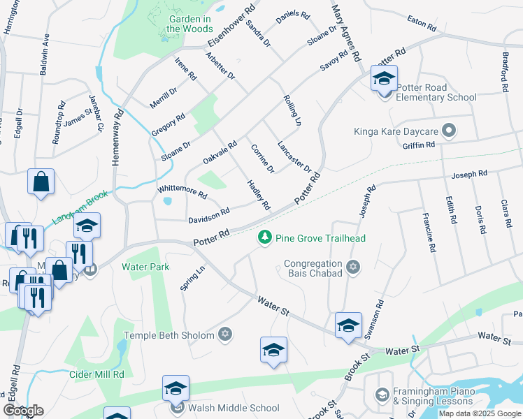 map of restaurants, bars, coffee shops, grocery stores, and more near 4 Hadley Road in Framingham