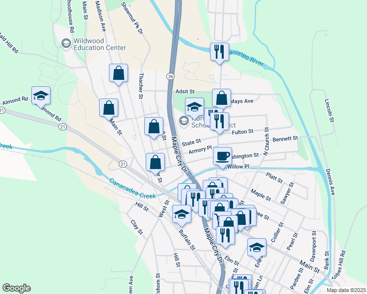 map of restaurants, bars, coffee shops, grocery stores, and more near 71 West Genesee Street in Hornell