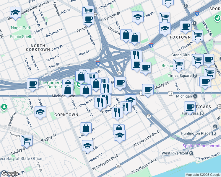 map of restaurants, bars, coffee shops, grocery stores, and more near 1310 Michigan Avenue in Detroit
