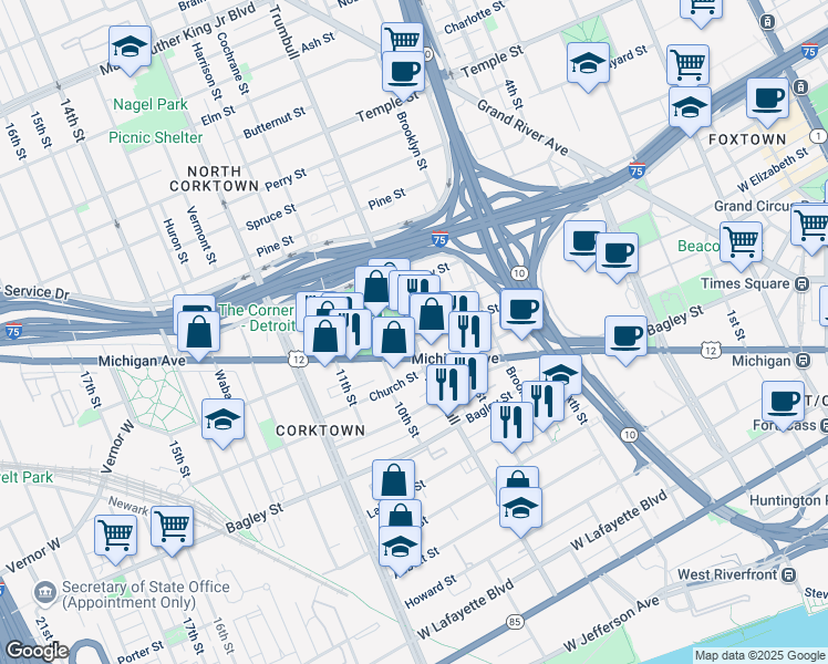 map of restaurants, bars, coffee shops, grocery stores, and more near in Detroit