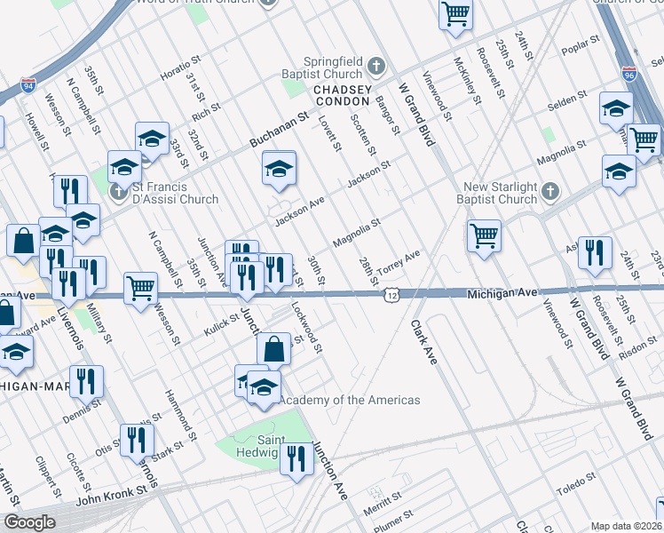 map of restaurants, bars, coffee shops, grocery stores, and more near 4708 Michigan Avenue in Detroit