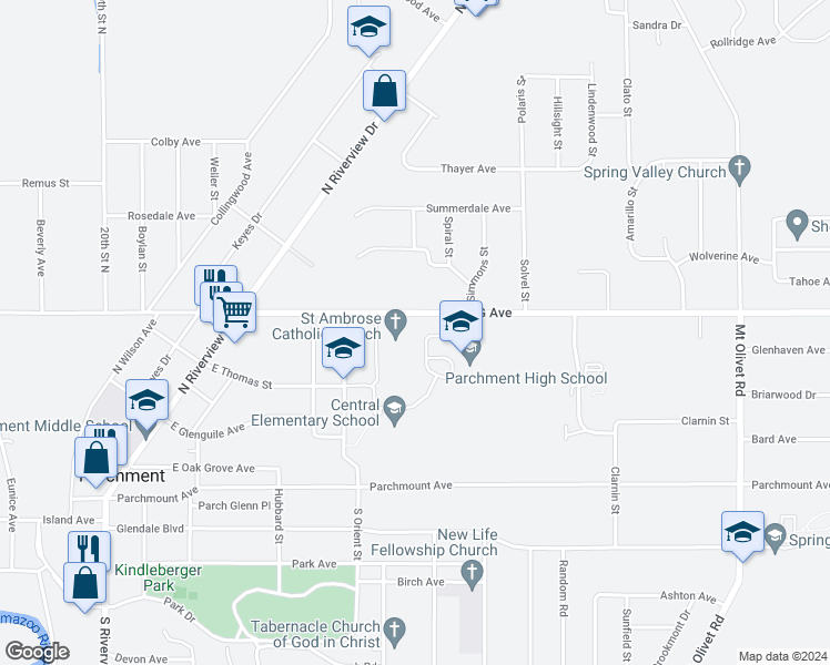 map of restaurants, bars, coffee shops, grocery stores, and more near 1710 East G Avenue in Parchment