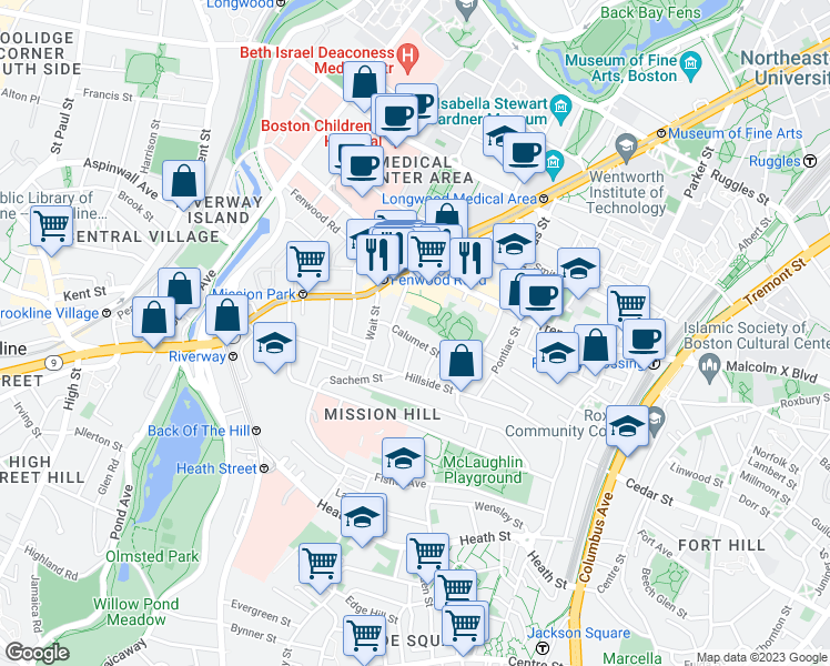 map of restaurants, bars, coffee shops, grocery stores, and more near 58 Calumet Street in Boston
