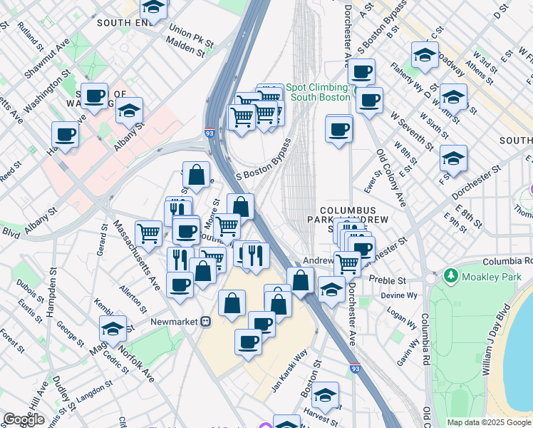 map of restaurants, bars, coffee shops, grocery stores, and more near 93 Frontage Road in Boston