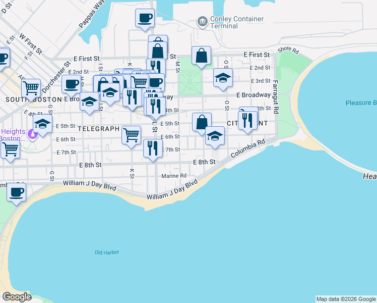 map of restaurants, bars, coffee shops, grocery stores, and more near 1 Hardy Street in Boston