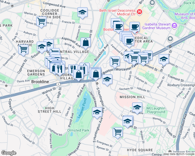 map of restaurants, bars, coffee shops, grocery stores, and more near 25-25A South Huntington Avenue in Boston
